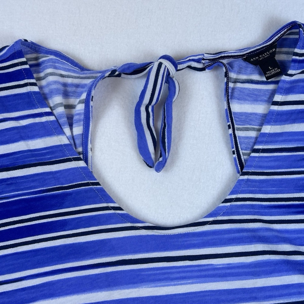 Ann Taylor Women's Blue Striped Cap Sleeve Tie Back Scoop Neck L Coastal Style - Picture 3 of 8